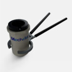 Tongs gripping an induction crucible for metal melting operations