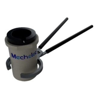 Tongs gripping an induction crucible for metal melting operations