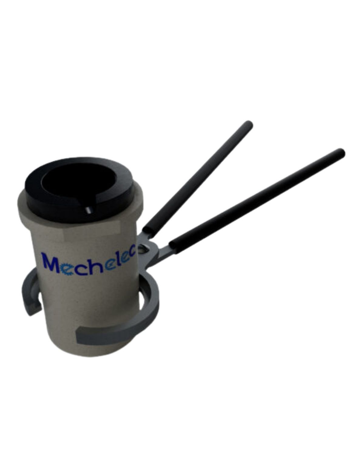 Tongs gripping an induction crucible for metal melting operations