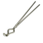 Heat-resistant tongs securely holding a hot graphite crucible for metal pouring