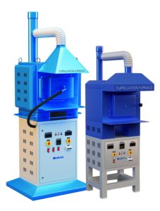 Two types of cupellation furnaces used in the cupellation process for refining precious metals like gold and silver in assay laboratories