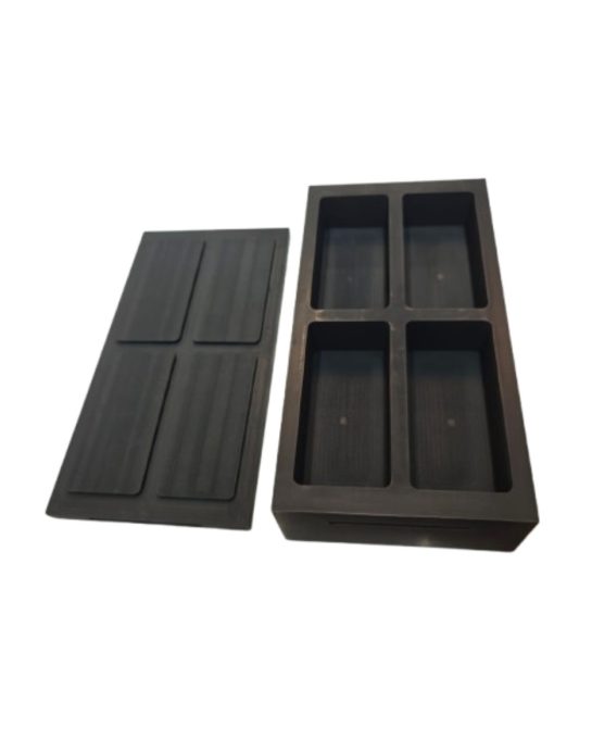 four cavity graphite ingot mould for casting gold and silver bullion bars in gold refining industry.